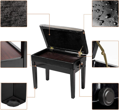 Piano Bench Adjustable with Storage Faux Leather Wooden Seat