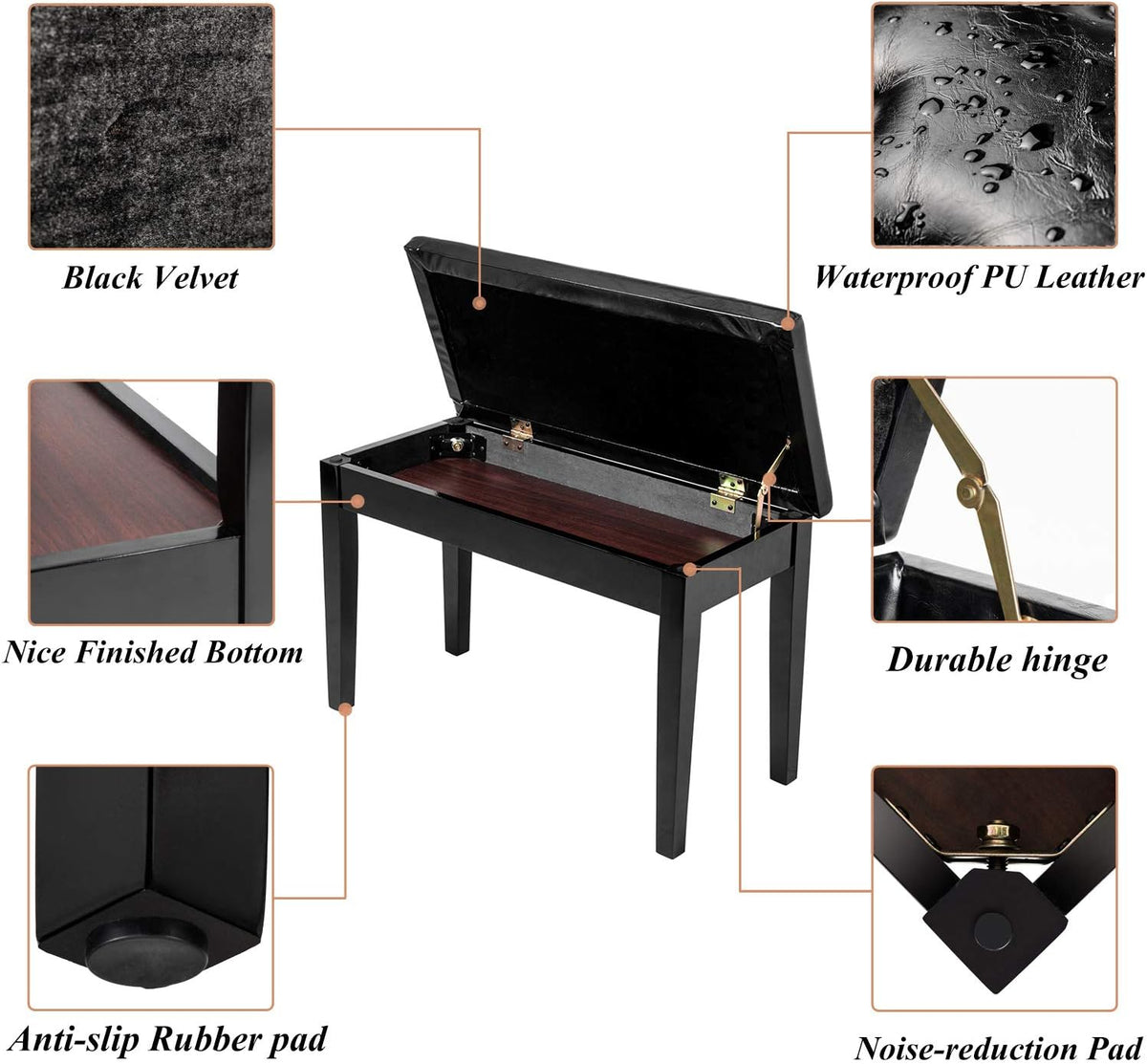 Piano Bench Adjustable with Storage Faux Leather Wooden Seat
