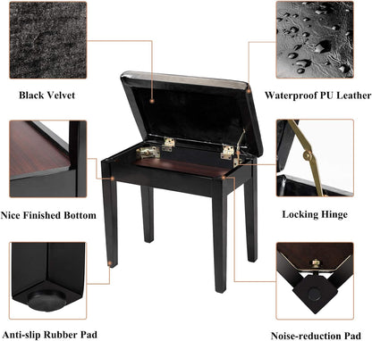 Piano Bench Adjustable with Storage Faux Leather Wooden Seat