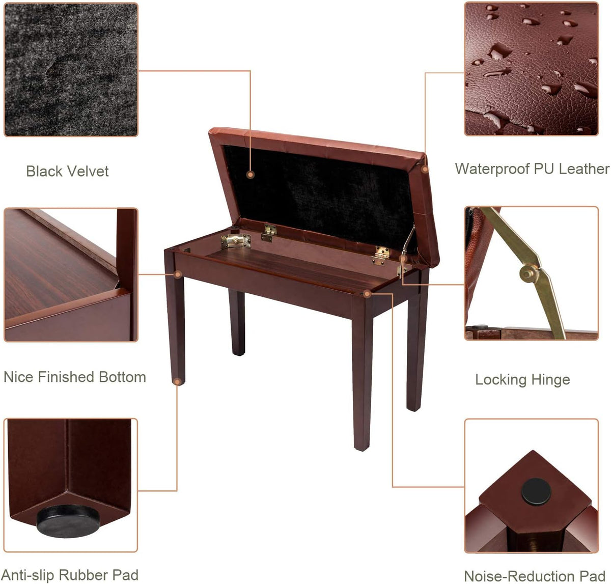 Piano Bench Adjustable with Storage Faux Leather Wooden Seat