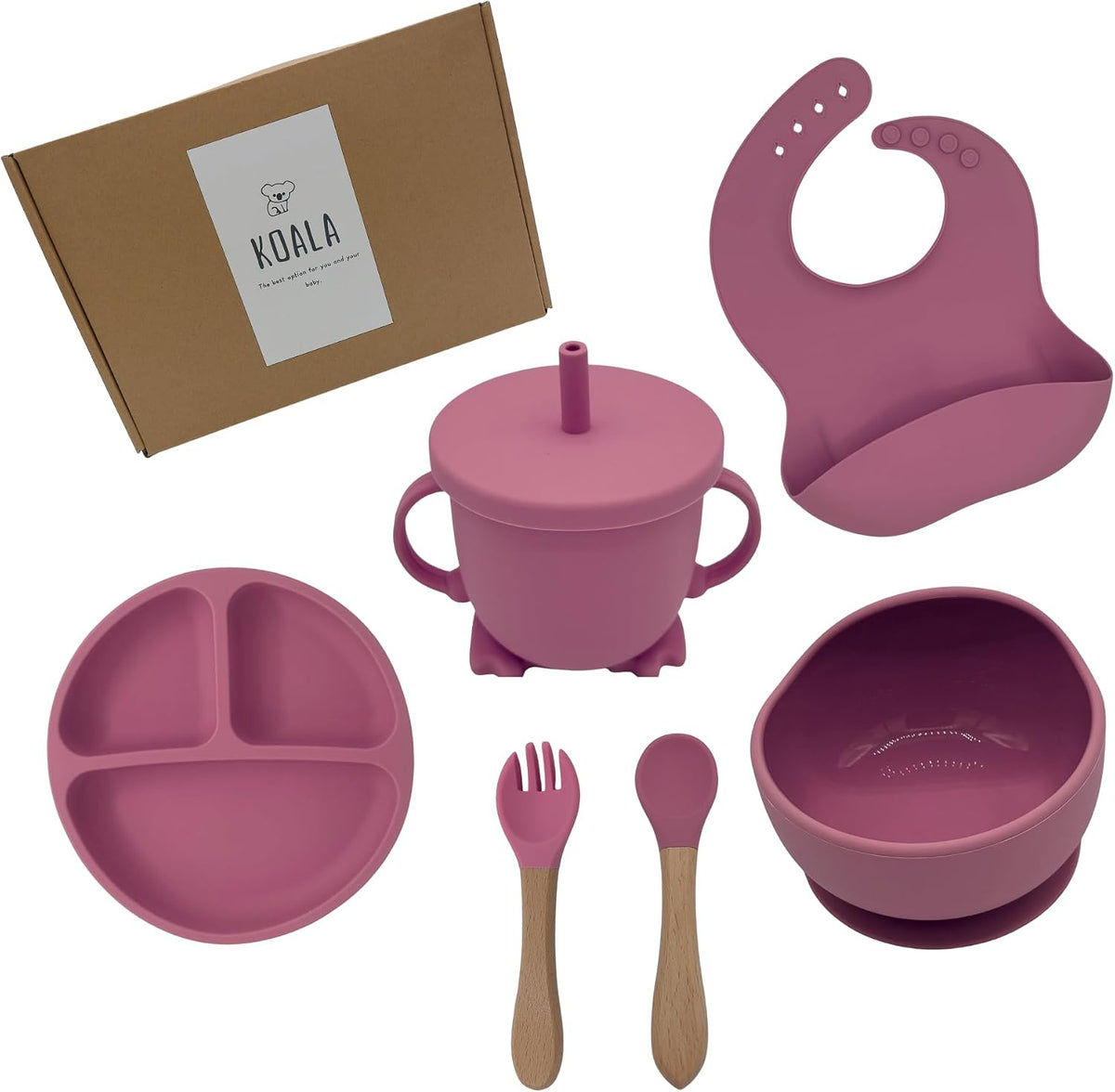 koala Silicone Baby Feeding Set, Baby Spoons Fork Suction Bowl Divided Plate Bib Cup Food Eating Utensils - 6+ Months (LIght Brown)