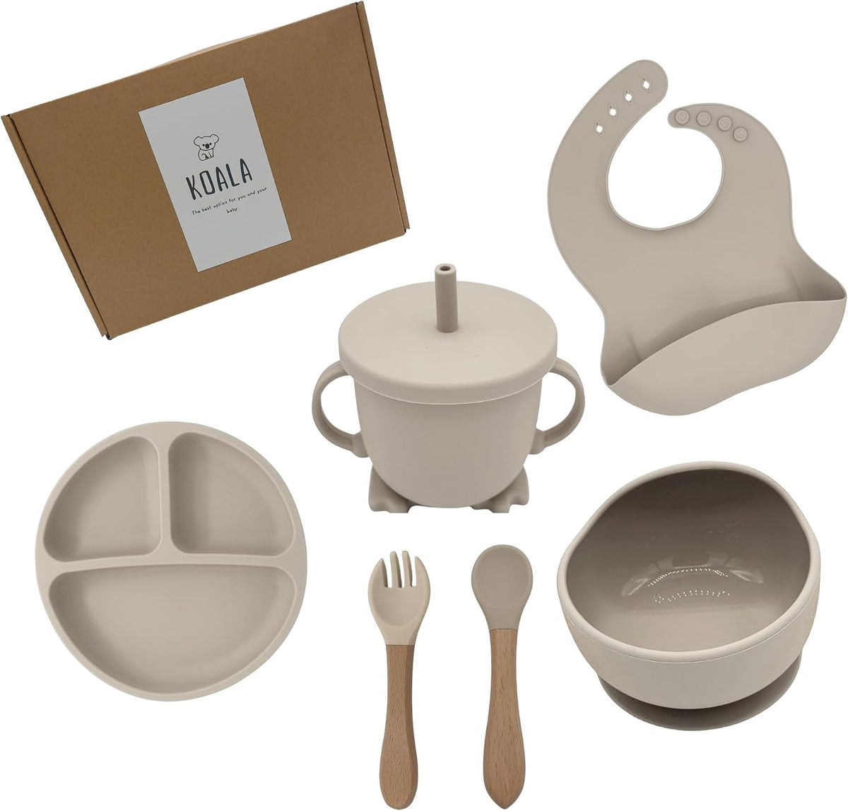 koala Silicone Baby Feeding Set, Baby Spoons Fork Suction Bowl Divided Plate Bib Cup Food Eating Utensils - 6+ Months (LIght Brown)