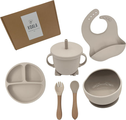 koala Silicone Baby Feeding Set, Baby Spoons Fork Suction Bowl Divided Plate Bib Cup Food Eating Utensils - 6+ Months (LIght Brown)