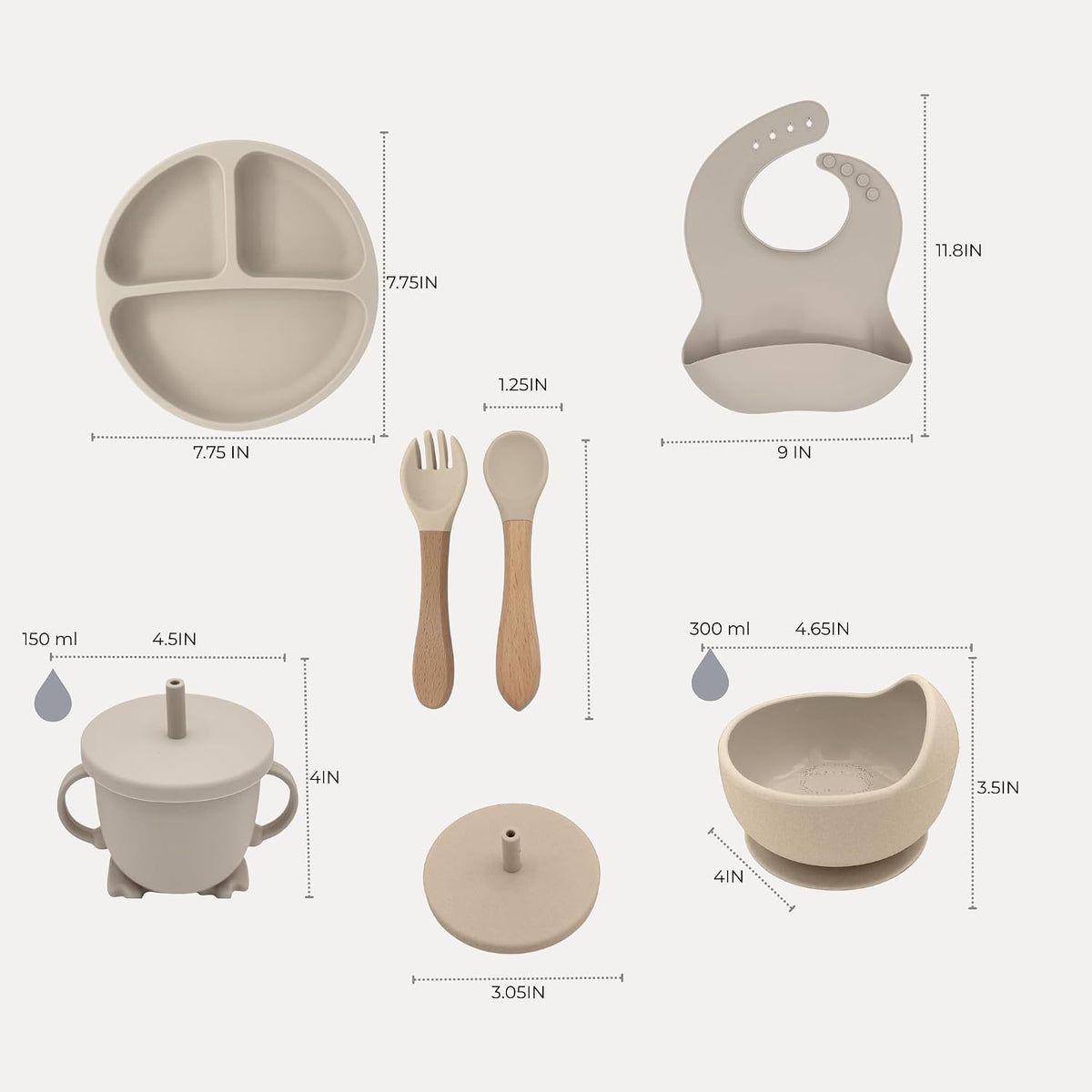 koala Silicone Baby Feeding Set, Baby Spoons Fork Suction Bowl Divided Plate Bib Cup Food Eating Utensils - 6+ Months (LIght Brown)
