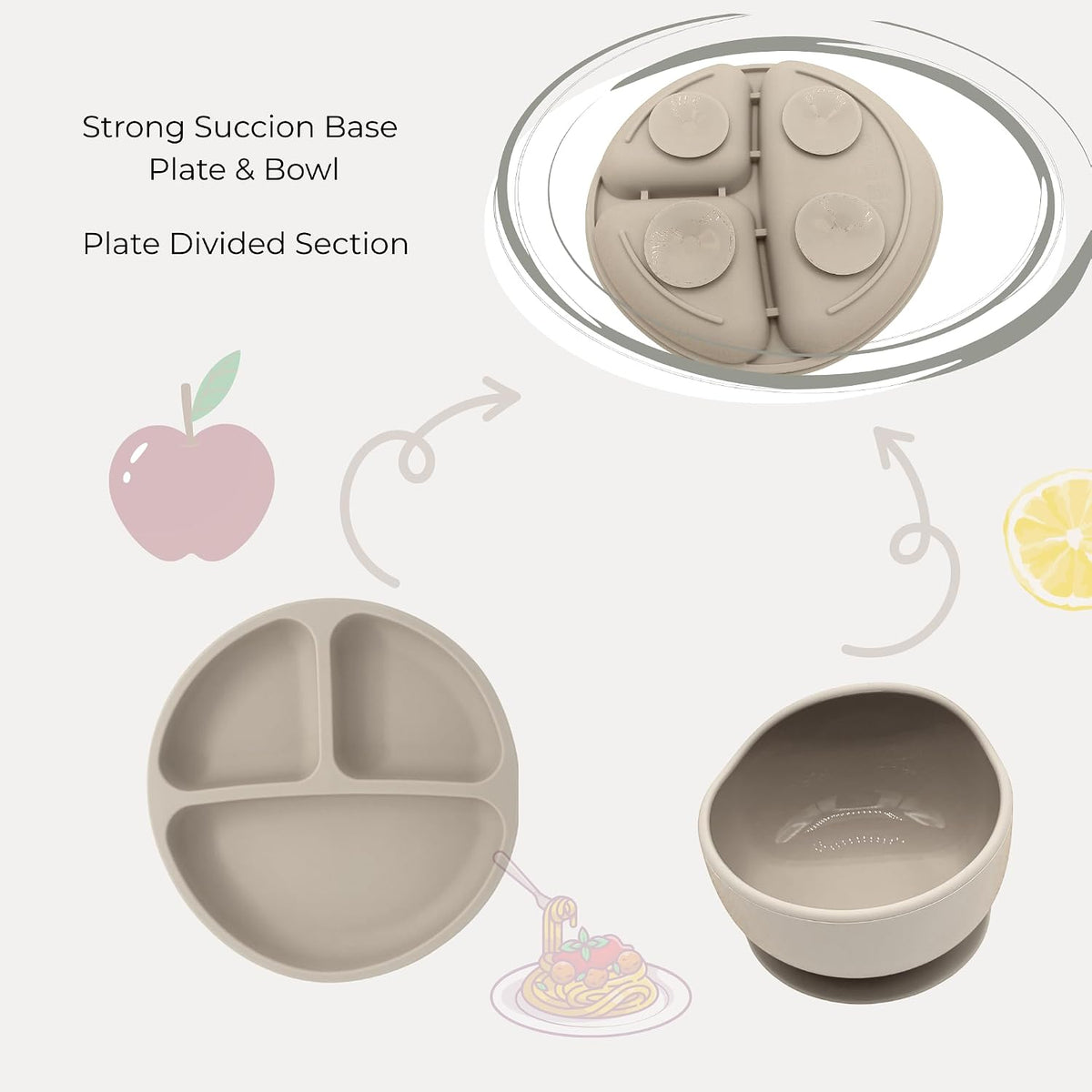 koala Silicone Baby Feeding Set, Baby Spoons Fork Suction Bowl Divided Plate Bib Cup Food Eating Utensils - 6+ Months (LIght Brown)