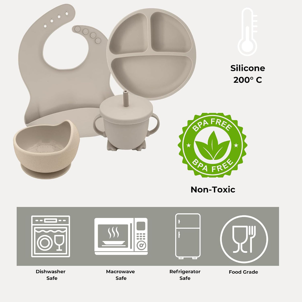 koala Silicone Baby Feeding Set, Baby Spoons Fork Suction Bowl Divided Plate Bib Cup Food Eating Utensils - 6+ Months (LIght Brown)
