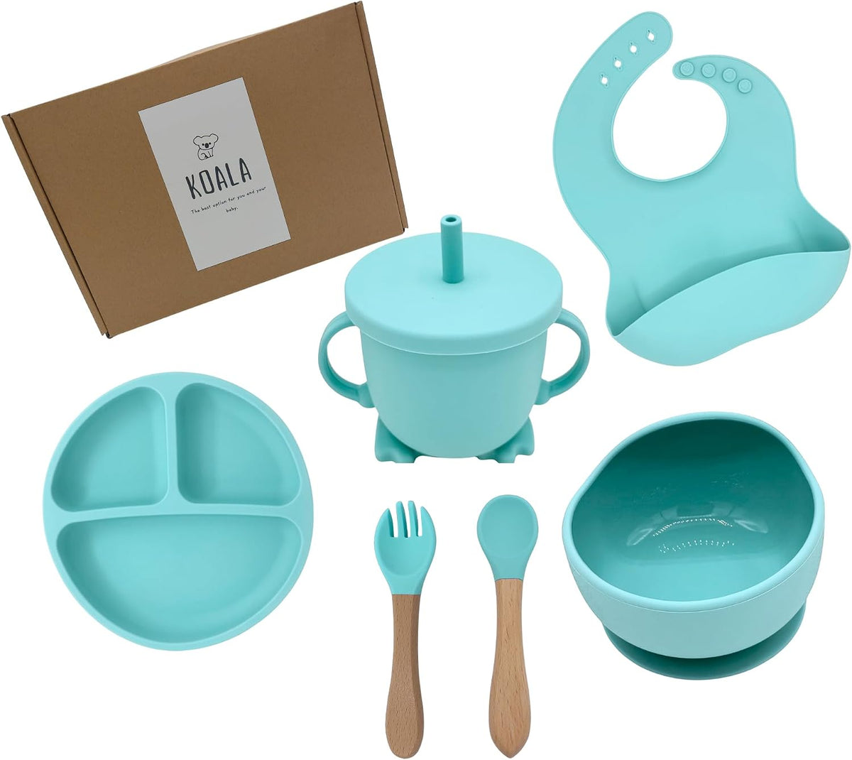 koala Silicone Baby Feeding Set, Baby Spoons Fork Suction Bowl Divided Plate Bib Cup Food Eating Utensils - 6+ Months (LIght Brown)