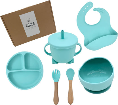 koala Silicone Baby Feeding Set, Baby Spoons Fork Suction Bowl Divided Plate Bib Cup Food Eating Utensils - 6+ Months (LIght Brown)