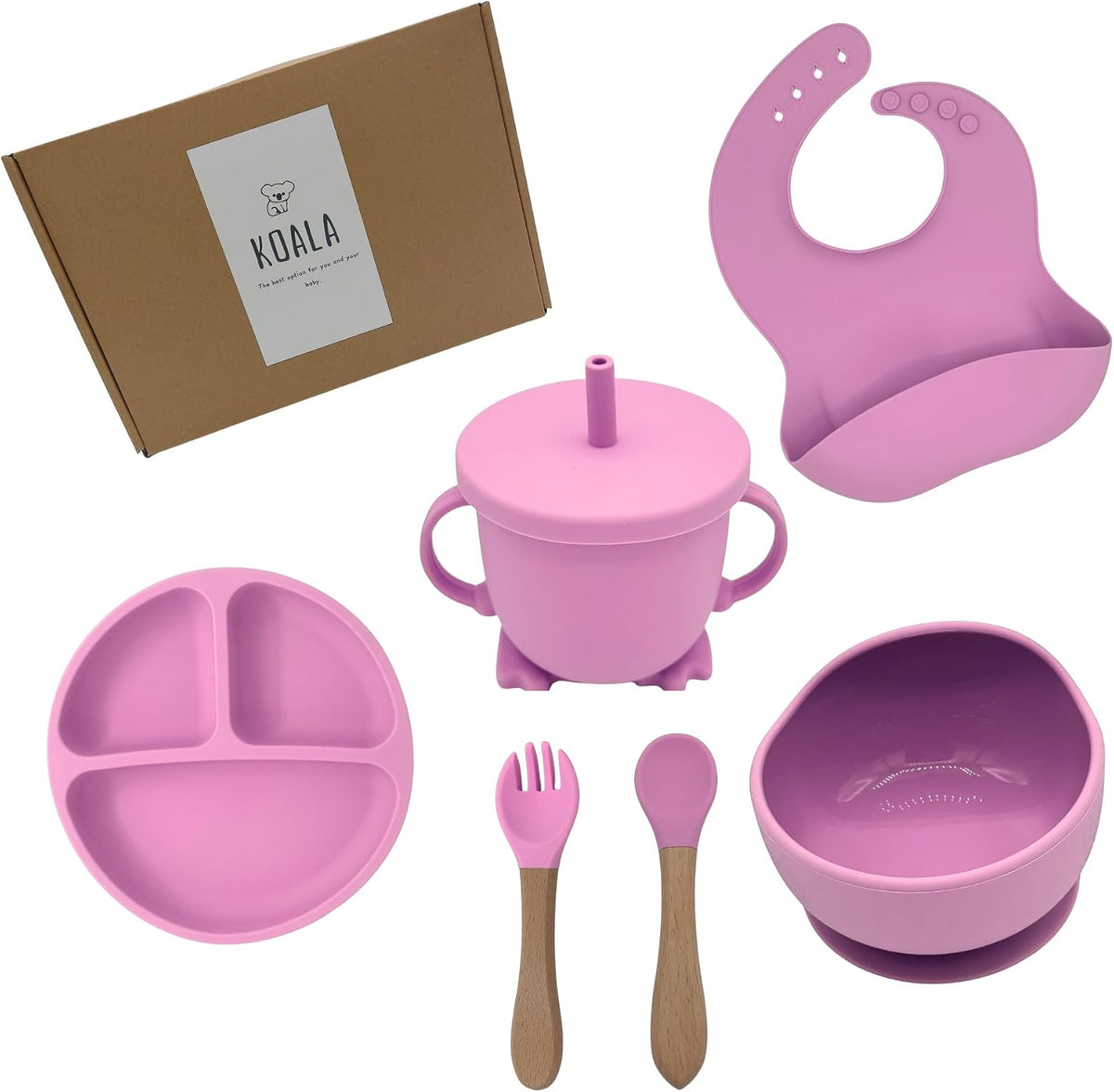 koala Silicone Baby Feeding Set, Baby Spoons Fork Suction Bowl Divided Plate Bib Cup Food Eating Utensils - 6+ Months (LIght Brown)