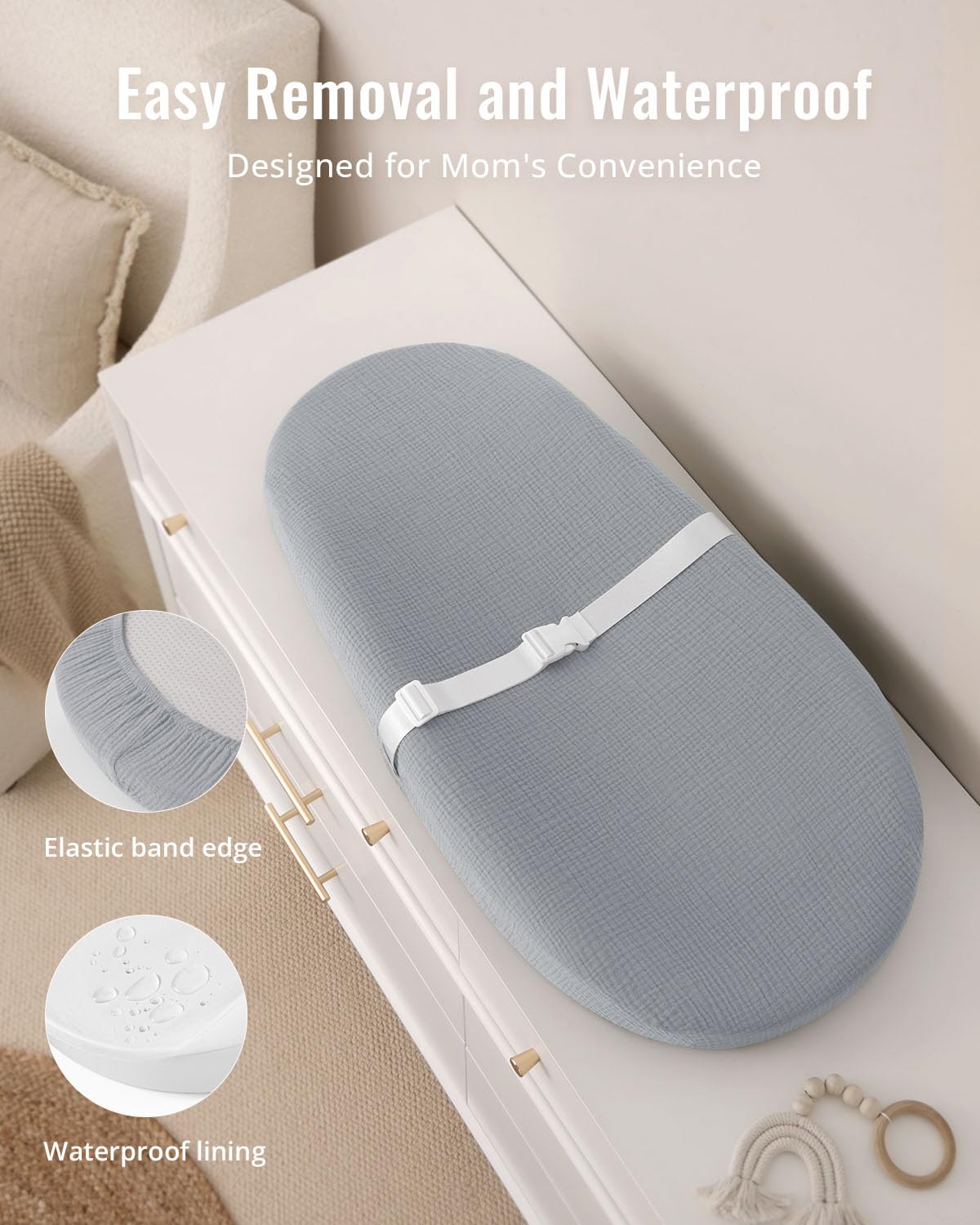 Contoured Changing Pad with Soft & Washable Cover, Waterproof Lining Foam Baby Changing Table Pads for Dresser Top, Secure with Security Strap and Two High Curved Sides, 32”×16”, Sage Green