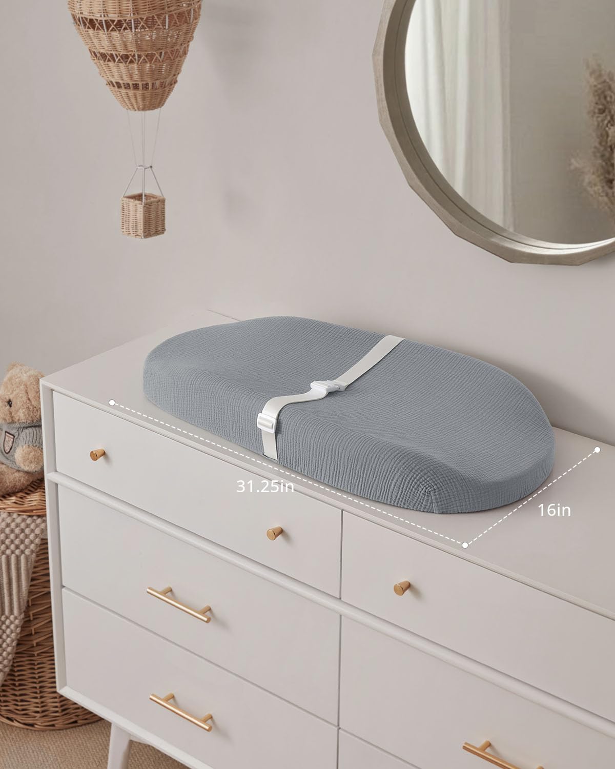 Contoured Changing Pad with Soft & Washable Cover, Waterproof Lining Foam Baby Changing Table Pads for Dresser Top, Secure with Security Strap and Two High Curved Sides, 32”×16”, Sage Green