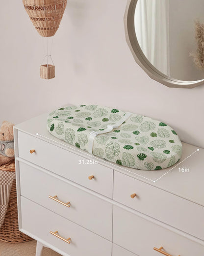 Contoured Changing Pad with Soft & Washable Cover, Waterproof Lining Foam Baby Changing Table Pads for Dresser Top, Secure with Security Strap and Two High Curved Sides, 32”×16”, Sage Green