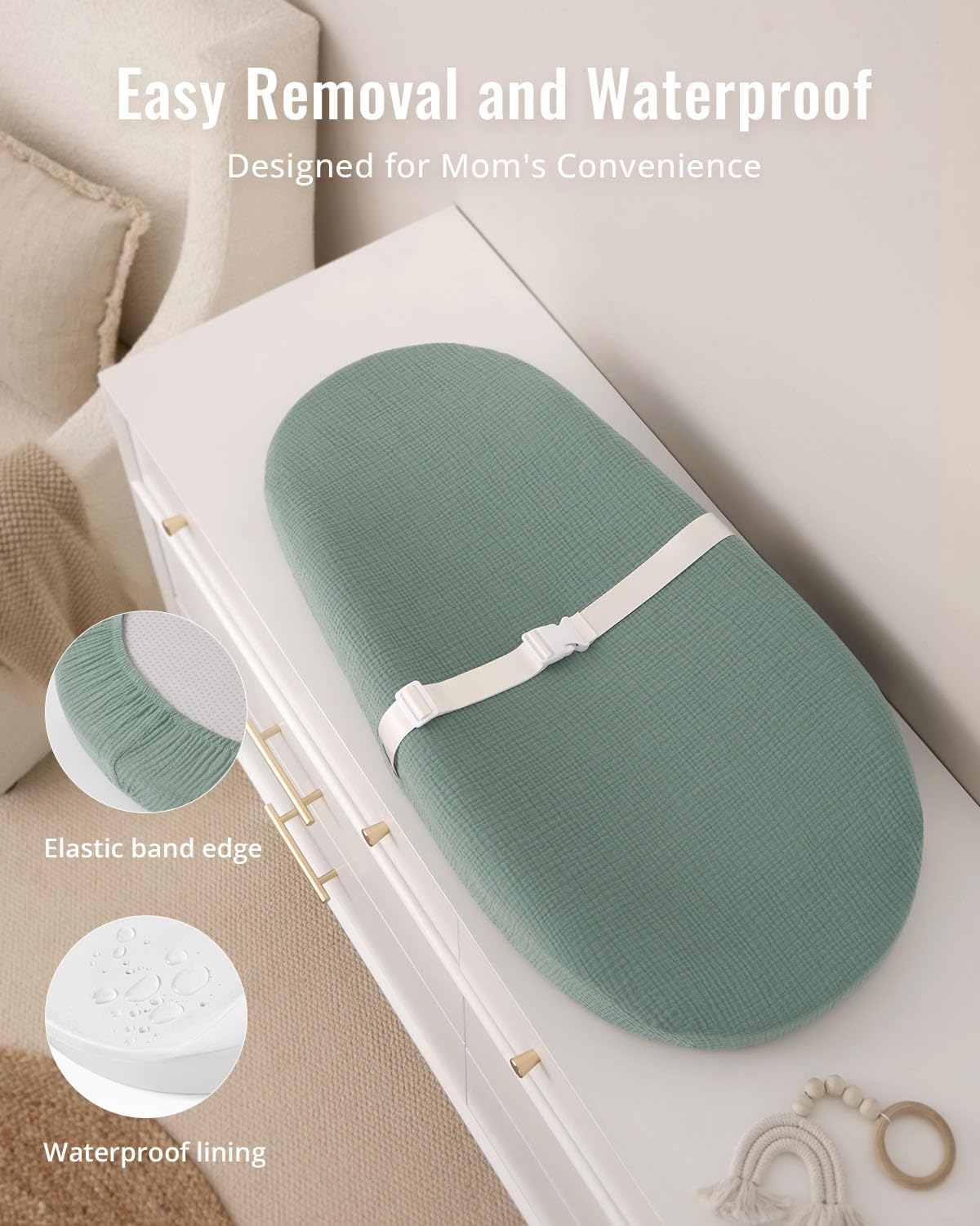 Contoured Changing Pad with Soft & Washable Cover, Waterproof Lining Foam Baby Changing Table Pads for Dresser Top, Secure with Security Strap and Two High Curved Sides, 32”×16”, Sage Green