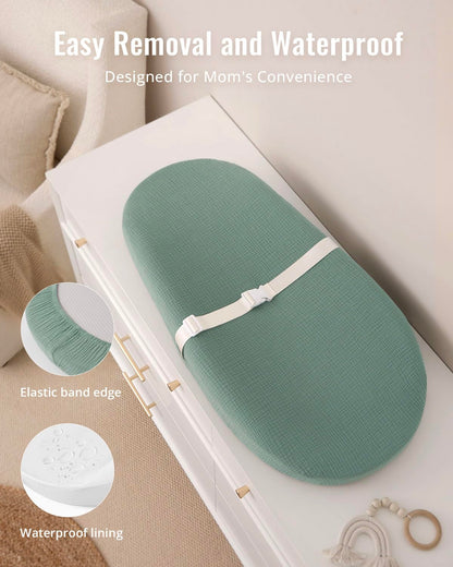 Contoured Changing Pad with Soft & Washable Cover, Waterproof Lining Foam Baby Changing Table Pads for Dresser Top, Secure with Security Strap and Two High Curved Sides, 32”×16”, Sage Green