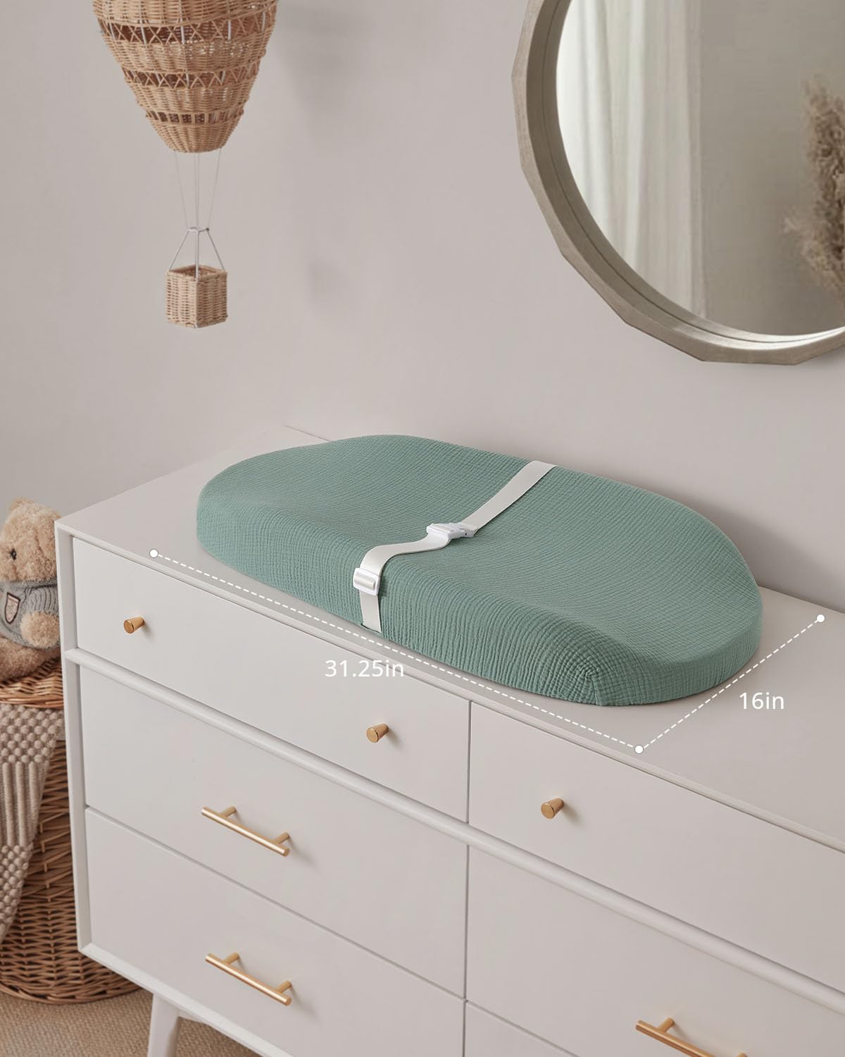 Contoured Changing Pad with Soft & Washable Cover, Waterproof Lining Foam Baby Changing Table Pads for Dresser Top, Secure with Security Strap and Two High Curved Sides, 32”×16”, Sage Green