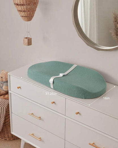 Contoured Changing Pad with Soft & Washable Cover, Waterproof Lining Foam Baby Changing Table Pads for Dresser Top, Secure with Security Strap and Two High Curved Sides, 32”×16”, Sage Green