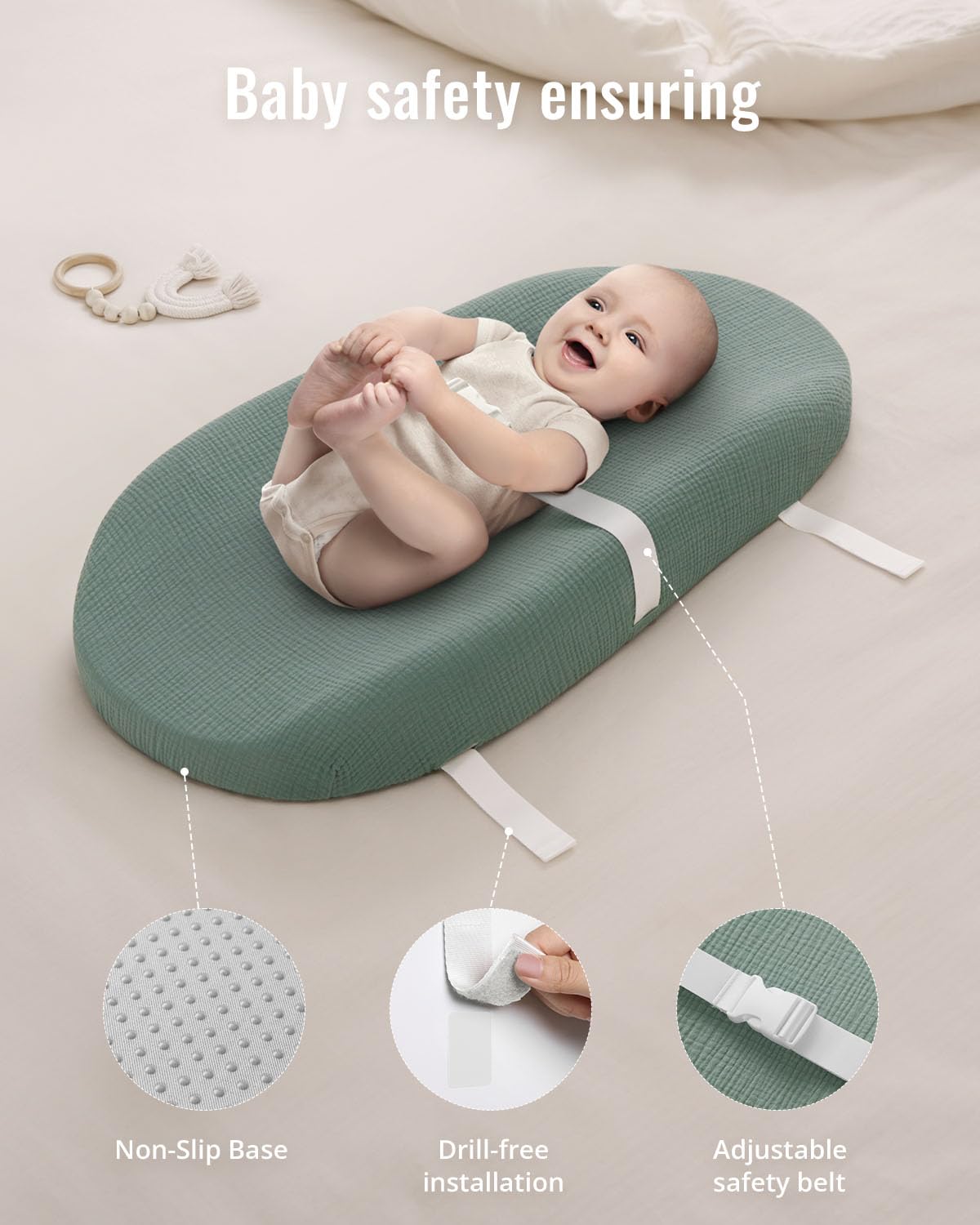 Contoured Changing Pad with Soft & Washable Cover, Waterproof Lining Foam Baby Changing Table Pads for Dresser Top, Secure with Security Strap and Two High Curved Sides, 32”×16”, Sage Green