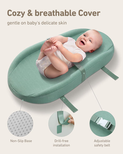 Contoured Changing Pad with Soft & Washable Cover, Waterproof Lining Foam Baby Changing Table Pads for Dresser Top, Secure with Security Strap and Two High Curved Sides, 32”×16”, Sage Green