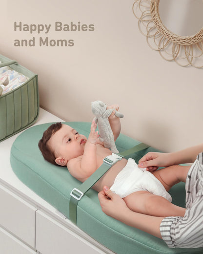 Contoured Changing Pad with Soft & Washable Cover, Waterproof Lining Foam Baby Changing Table Pads for Dresser Top, Secure with Security Strap and Two High Curved Sides, 32”×16”, Sage Green