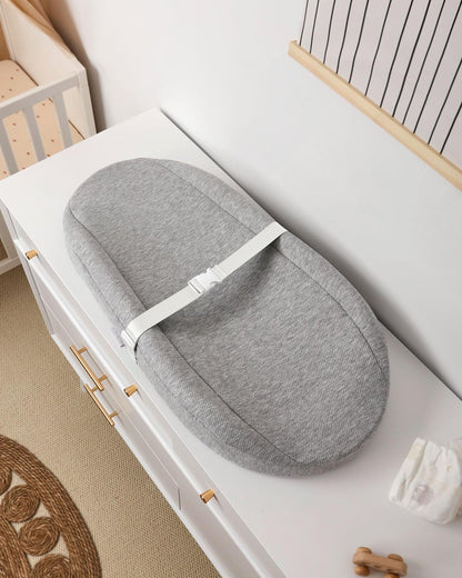 Contoured Changing Pad with Soft & Washable Cover, Waterproof Lining Foam Baby Changing Table Pads for Dresser Top, Secure with Security Strap and Two High Curved Sides, 32”×16”, Sage Green