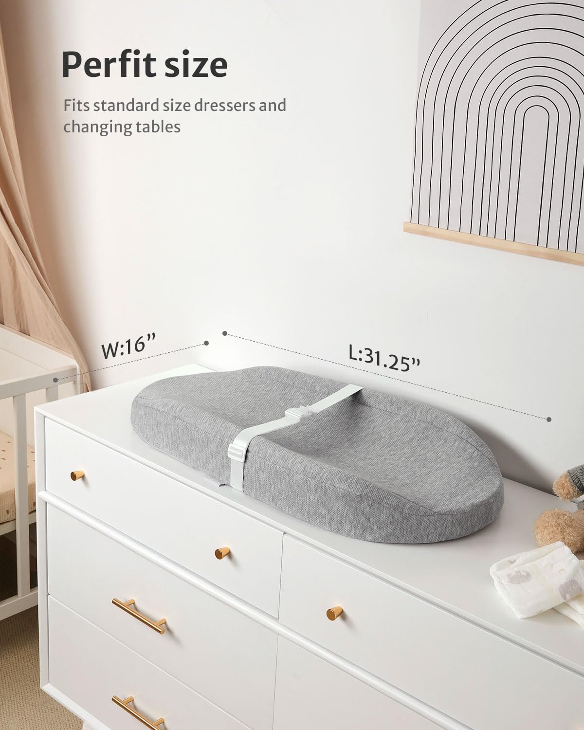 Contoured Changing Pad with Soft & Washable Cover, Waterproof Lining Foam Baby Changing Table Pads for Dresser Top, Secure with Security Strap and Two High Curved Sides, 32”×16”, Sage Green
