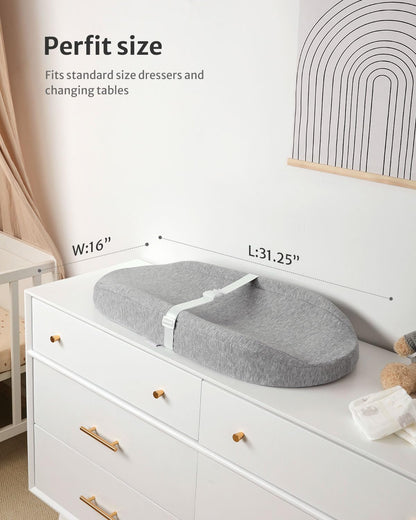 Contoured Changing Pad with Soft & Washable Cover, Waterproof Lining Foam Baby Changing Table Pads for Dresser Top, Secure with Security Strap and Two High Curved Sides, 32”×16”, Sage Green