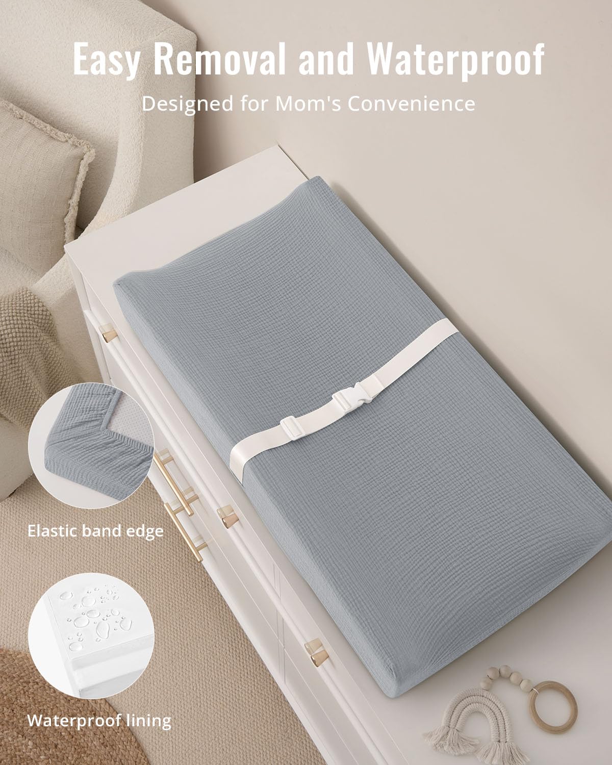 Contoured Changing Pad with Soft & Washable Cover, Waterproof Lining Foam Baby Changing Table Pads for Dresser Top, Secure with Security Strap and Two High Curved Sides, 32”×16”, Sage Green