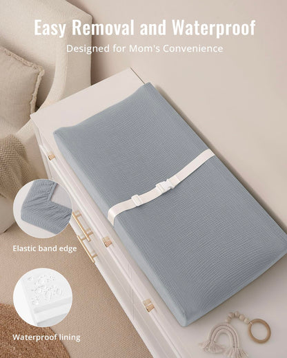 Contoured Changing Pad with Soft & Washable Cover, Waterproof Lining Foam Baby Changing Table Pads for Dresser Top, Secure with Security Strap and Two High Curved Sides, 32”×16”, Sage Green