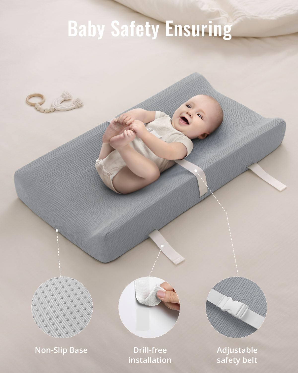 Contoured Changing Pad with Soft & Washable Cover, Waterproof Lining Foam Baby Changing Table Pads for Dresser Top, Secure with Security Strap and Two High Curved Sides, 32”×16”, Sage Green