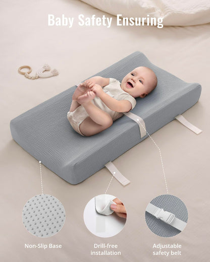 Contoured Changing Pad with Soft & Washable Cover, Waterproof Lining Foam Baby Changing Table Pads for Dresser Top, Secure with Security Strap and Two High Curved Sides, 32”×16”, Sage Green
