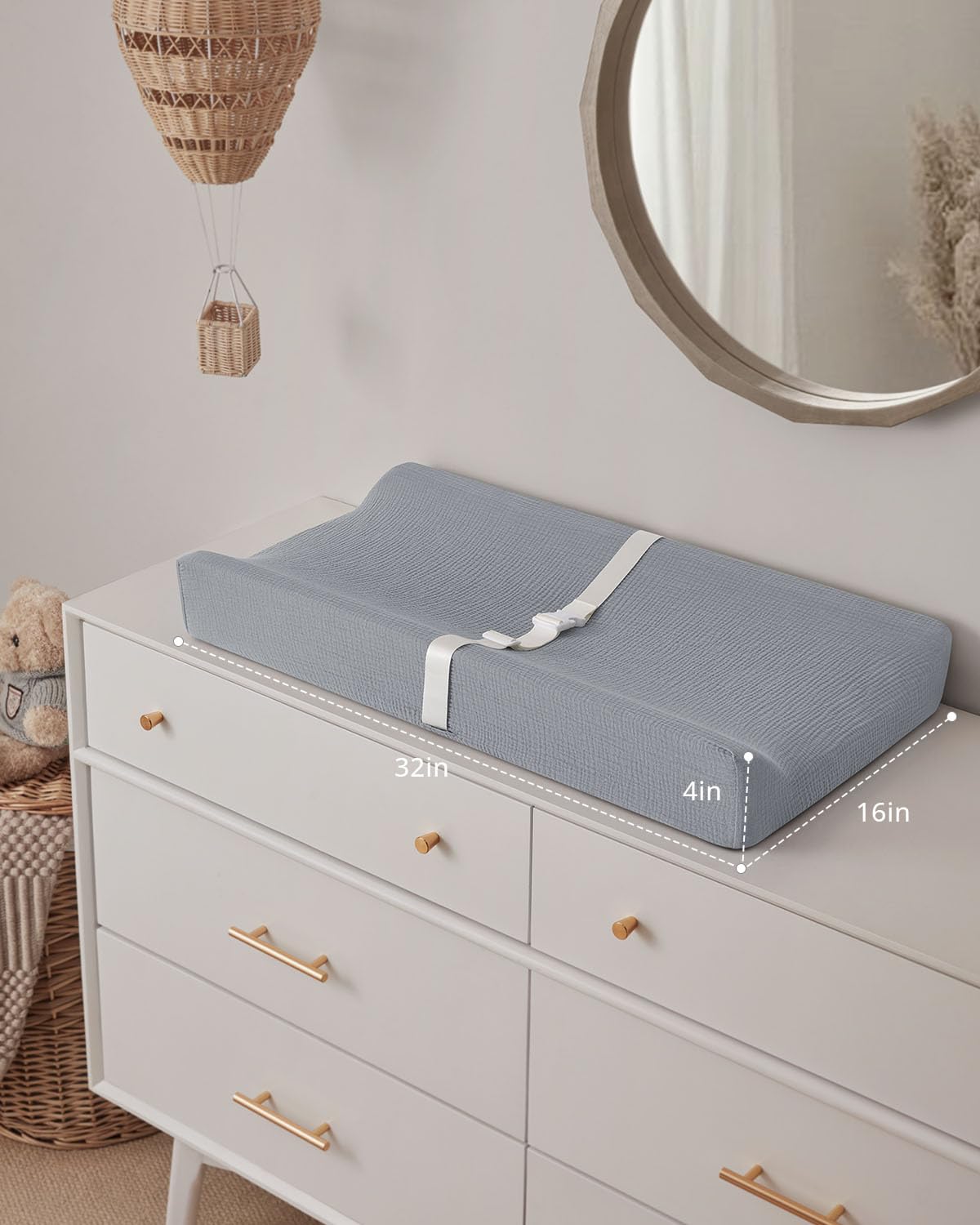Contoured Changing Pad with Soft & Washable Cover, Waterproof Lining Foam Baby Changing Table Pads for Dresser Top, Secure with Security Strap and Two High Curved Sides, 32”×16”, Sage Green
