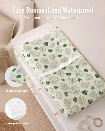 Contoured Changing Pad with Soft & Washable Cover, Waterproof Lining Foam Baby Changing Table Pads for Dresser Top, Secure with Security Strap and Two High Curved Sides, 32”×16”, Sage Green