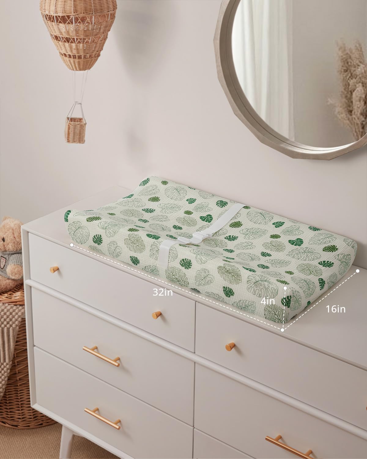 Contoured Changing Pad with Soft & Washable Cover, Waterproof Lining Foam Baby Changing Table Pads for Dresser Top, Secure with Security Strap and Two High Curved Sides, 32”×16”, Sage Green
