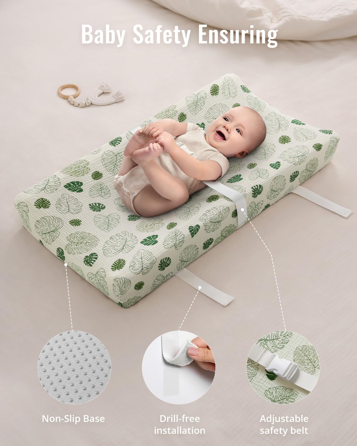 Contoured Changing Pad with Soft & Washable Cover, Waterproof Lining Foam Baby Changing Table Pads for Dresser Top, Secure with Security Strap and Two High Curved Sides, 32”×16”, Sage Green
