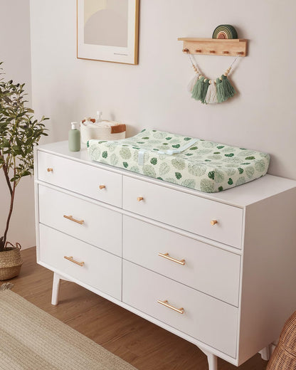 Contoured Changing Pad with Soft & Washable Cover, Waterproof Lining Foam Baby Changing Table Pads for Dresser Top, Secure with Security Strap and Two High Curved Sides, 32”×16”, Sage Green