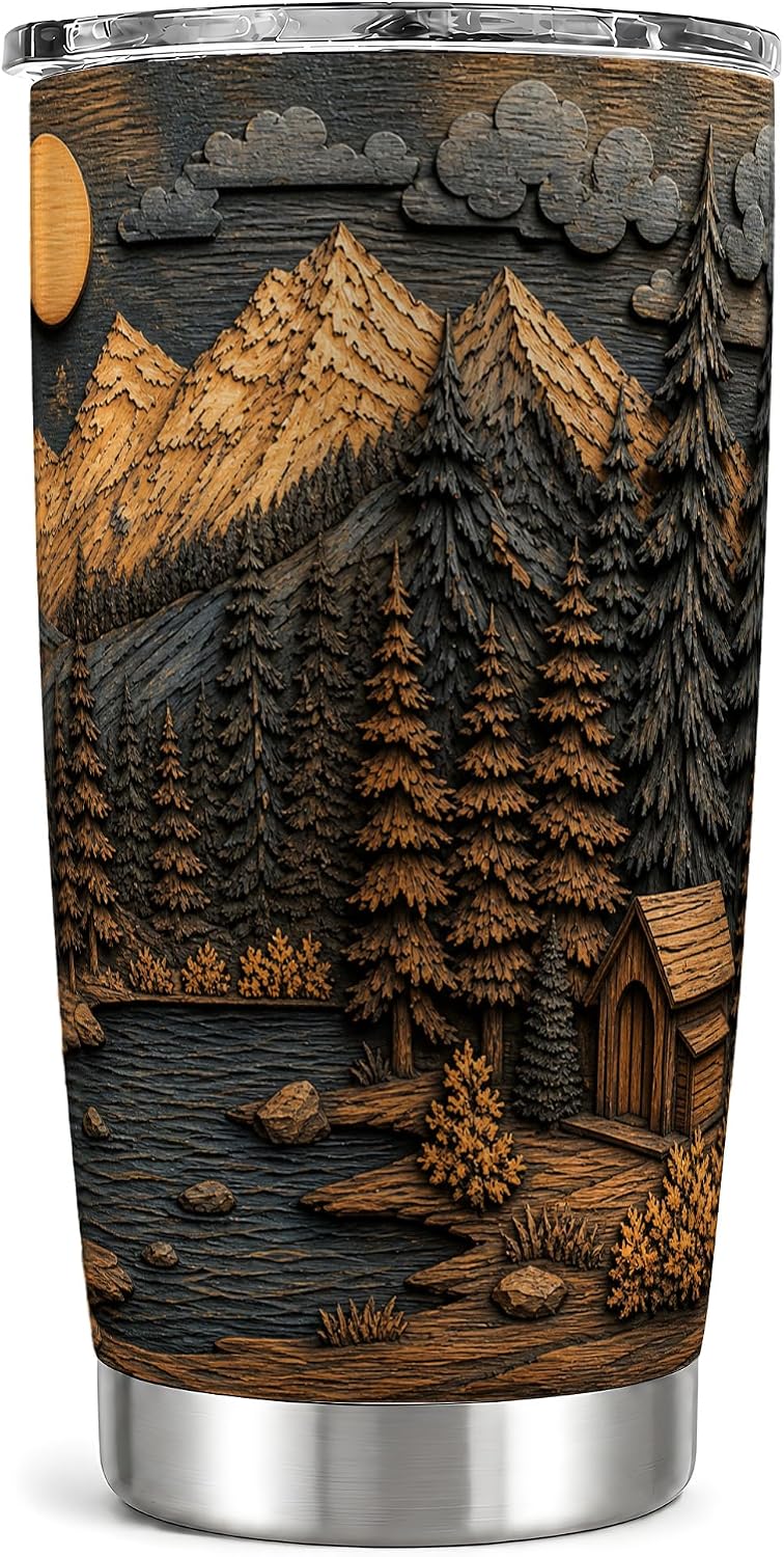 Mountain Lake Cabin Tumbler, Rustic Forest Tumbler 20 oz, Stainless Steel | Rustic mountain art for coffee, tea or iced drinks at home or office