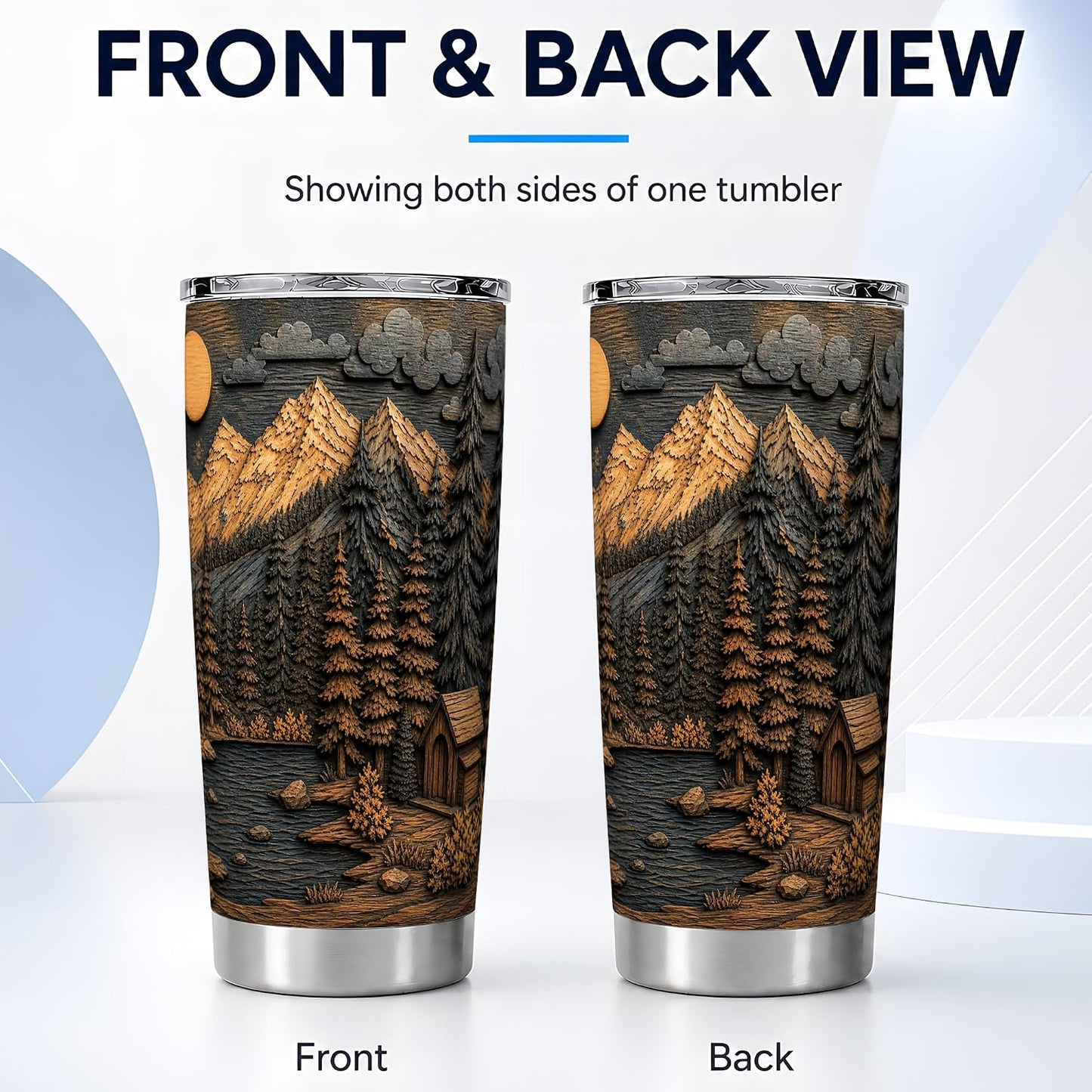 Mountain Lake Cabin Tumbler, Rustic Forest Tumbler 20 oz, Stainless Steel | Rustic mountain art for coffee, tea or iced drinks at home or office