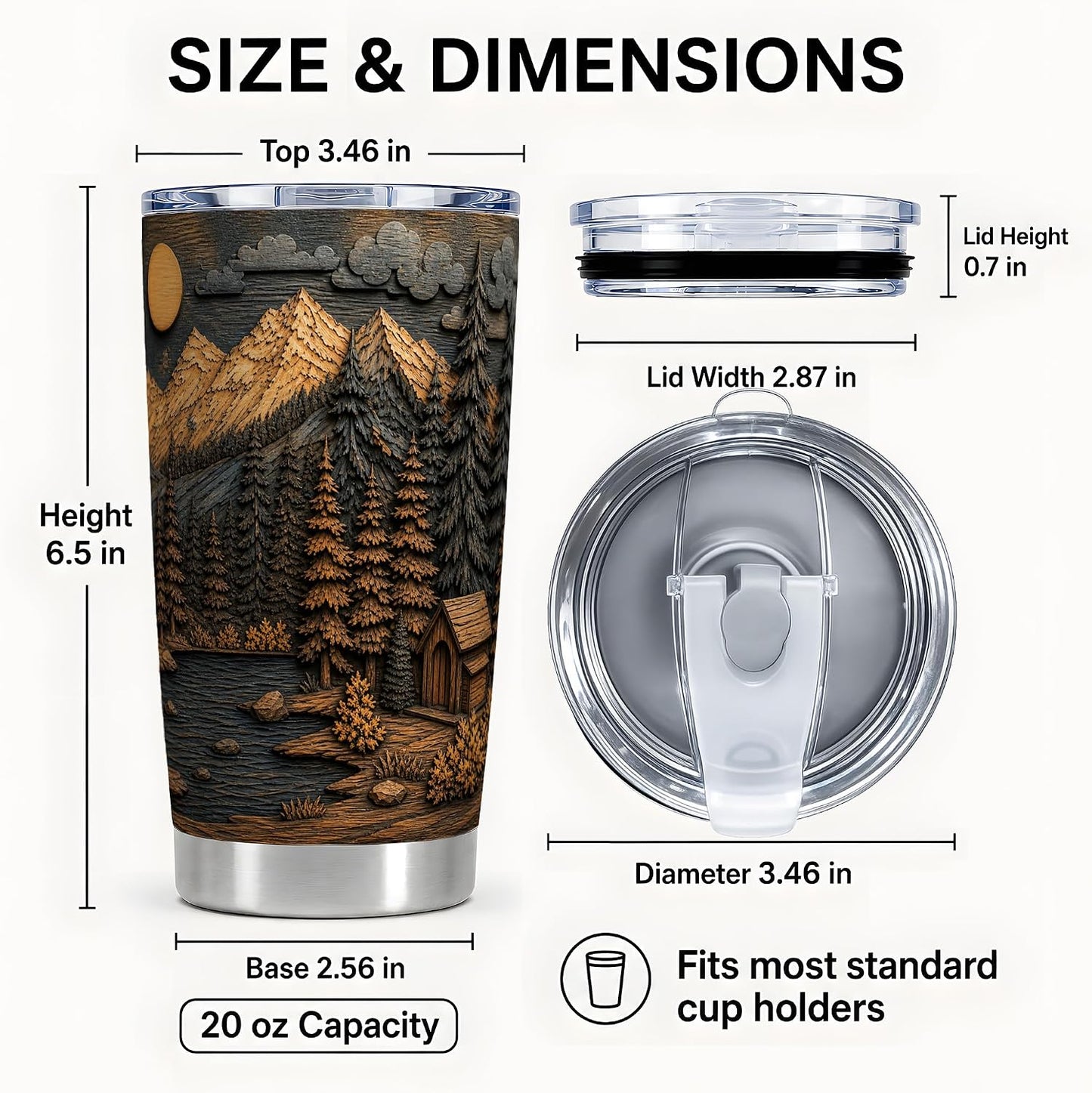 Mountain Lake Cabin Tumbler, Rustic Forest Tumbler 20 oz, Stainless Steel | Rustic mountain art for coffee, tea or iced drinks at home or office