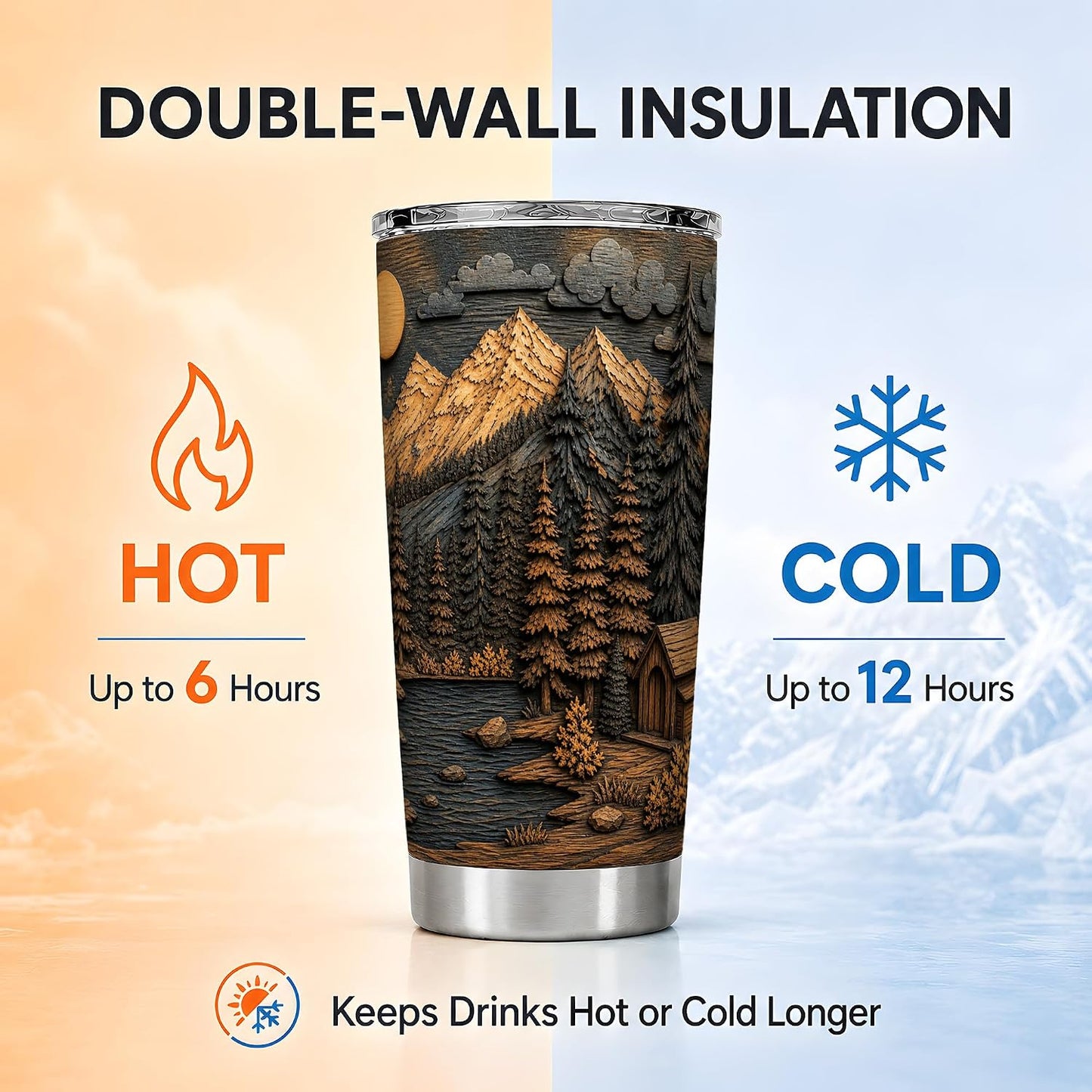 Mountain Lake Cabin Tumbler, Rustic Forest Tumbler 20 oz, Stainless Steel | Rustic mountain art for coffee, tea or iced drinks at home or office