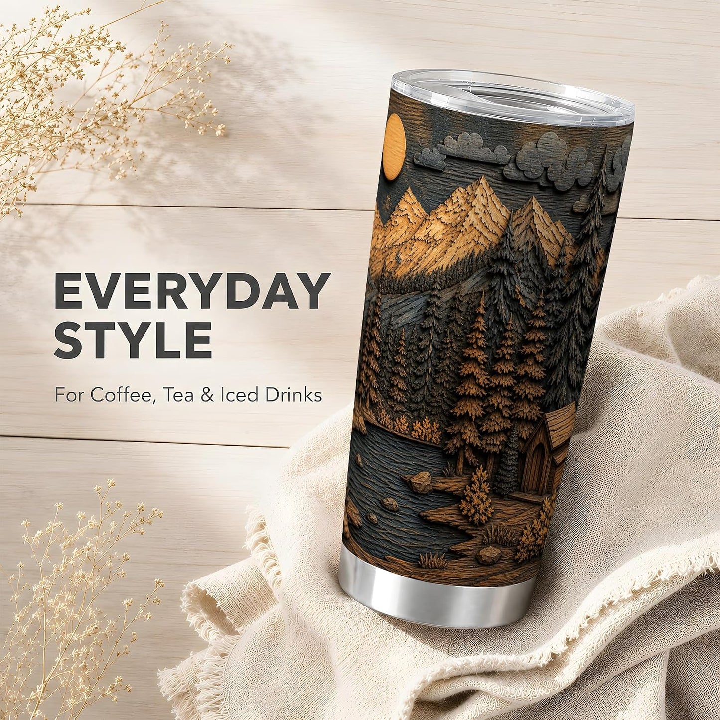 Mountain Lake Cabin Tumbler, Rustic Forest Tumbler 20 oz, Stainless Steel | Rustic mountain art for coffee, tea or iced drinks at home or office