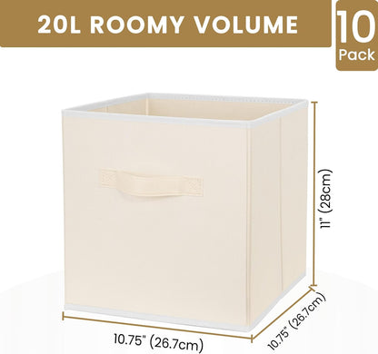 Storage Cubes, 11 Inch Clothes Storage Bins with Dual Handles (10 Pack), Fabric Collapsible Storage Bins for Shelves Closet, Cubby Organizer Bins for Clothing Toys Blanket Magazines (Beige)