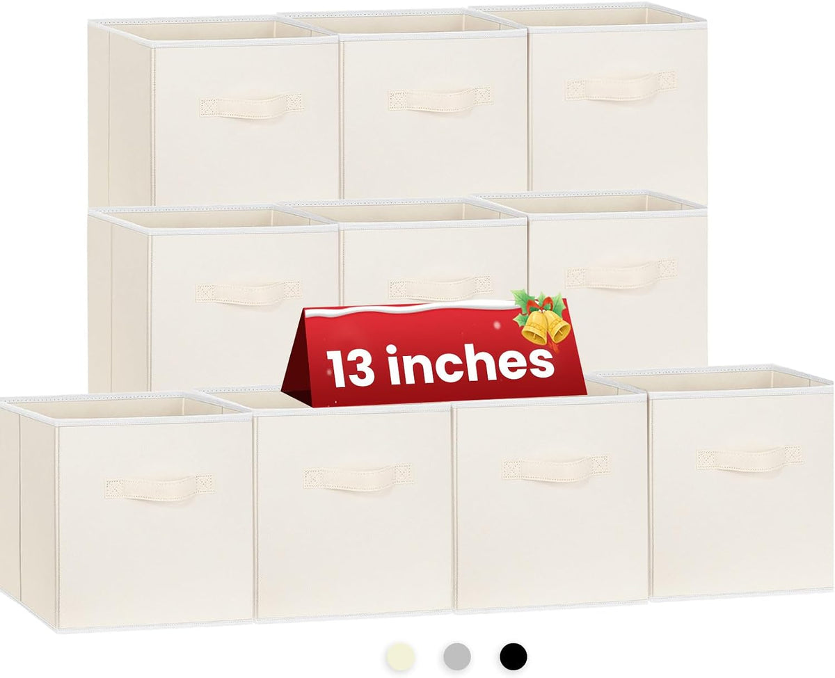 Storage Cubes, 11 Inch Clothes Storage Bins with Dual Handles (10 Pack), Fabric Collapsible Storage Bins for Shelves Closet, Cubby Organizer Bins for Clothing Toys Blanket Magazines (Beige)