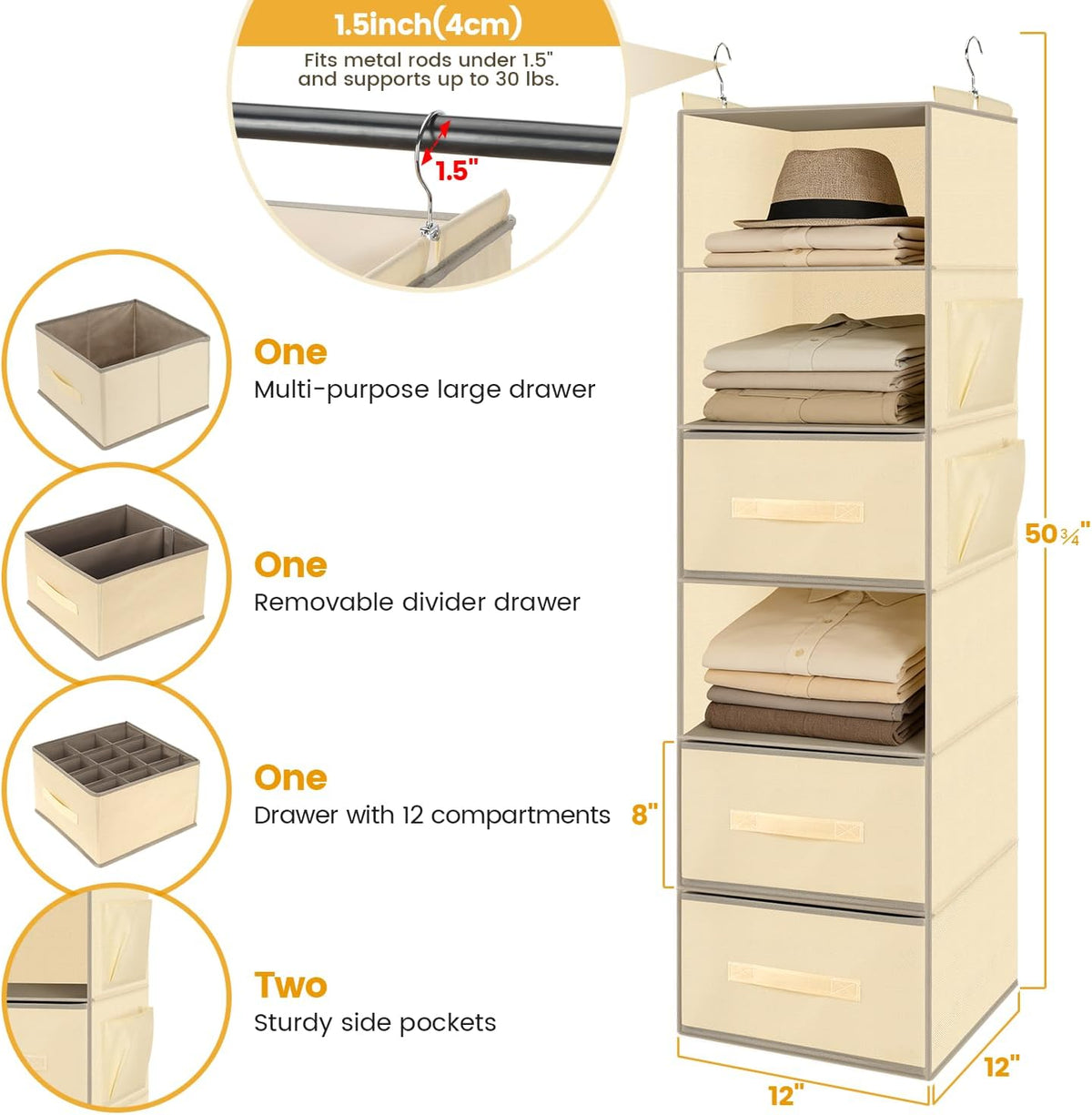 Hanging Closet Organizer 6-Shelf with 3 Drawers & Side Pockets, Closet Organizers and Storage for Dorm, Nursery & Wardrobe Organization, Hanging Shelf Clothes Organizer for Sweaters, Shoes, Gray