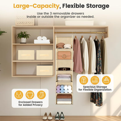 Hanging Closet Organizer 6-Shelf with 3 Drawers & Side Pockets, Closet Organizers and Storage for Dorm, Nursery & Wardrobe Organization, Hanging Shelf Clothes Organizer for Sweaters, Shoes, Gray