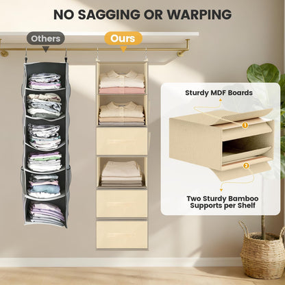 Hanging Closet Organizer 6-Shelf with 3 Drawers & Side Pockets, Closet Organizers and Storage for Dorm, Nursery & Wardrobe Organization, Hanging Shelf Clothes Organizer for Sweaters, Shoes, Gray
