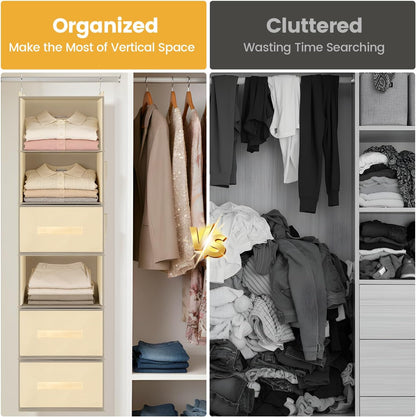Hanging Closet Organizer 6-Shelf with 3 Drawers & Side Pockets, Closet Organizers and Storage for Dorm, Nursery & Wardrobe Organization, Hanging Shelf Clothes Organizer for Sweaters, Shoes, Gray