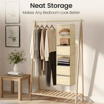 Hanging Closet Organizer 6-Shelf with 3 Drawers & Side Pockets, Closet Organizers and Storage for Dorm, Nursery & Wardrobe Organization, Hanging Shelf Clothes Organizer for Sweaters, Shoes, Gray