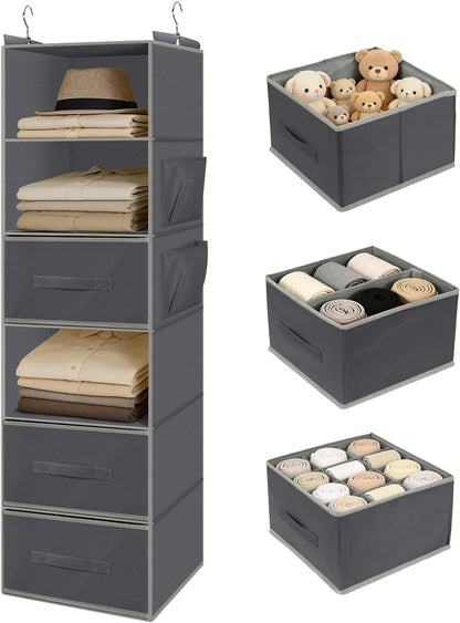 Hanging Closet Organizer 6-Shelf with 3 Drawers & Side Pockets, Closet Organizers and Storage for Dorm, Nursery & Wardrobe Organization, Hanging Shelf Clothes Organizer for Sweaters, Shoes, Gray