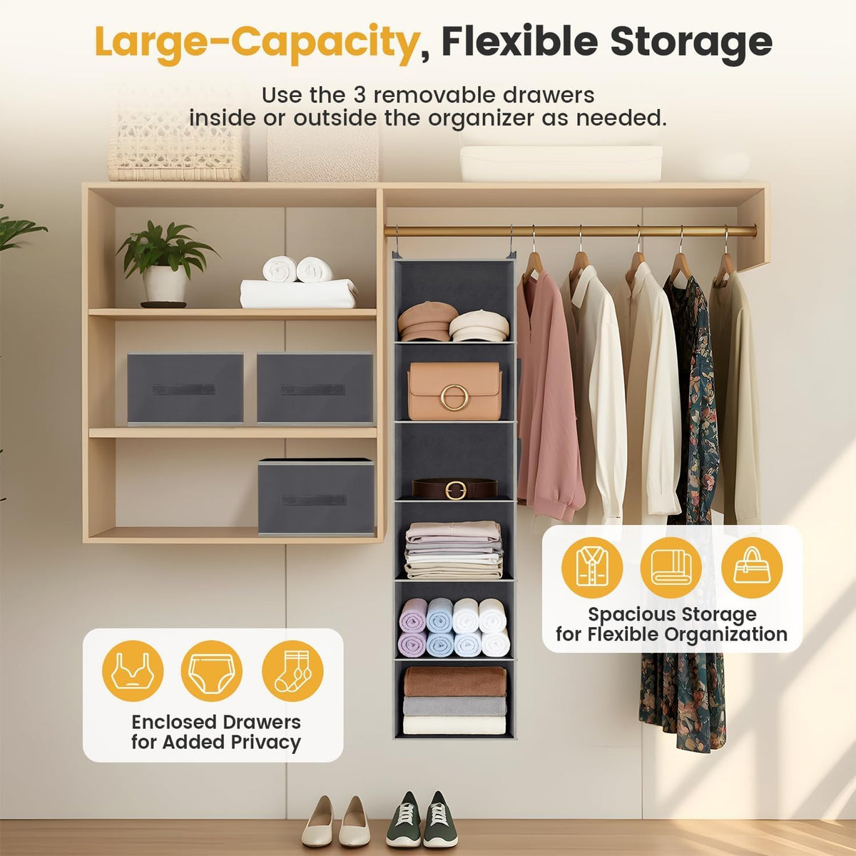 Hanging Closet Organizer 6-Shelf with 3 Drawers & Side Pockets, Closet Organizers and Storage for Dorm, Nursery & Wardrobe Organization, Hanging Shelf Clothes Organizer for Sweaters, Shoes, Gray