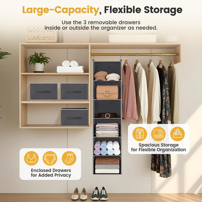 Hanging Closet Organizer 6-Shelf with 3 Drawers & Side Pockets, Closet Organizers and Storage for Dorm, Nursery & Wardrobe Organization, Hanging Shelf Clothes Organizer for Sweaters, Shoes, Gray